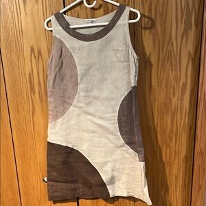 Women’s Cream and Brown Linen Midi Dress Sleeveless Crew Neck Casual